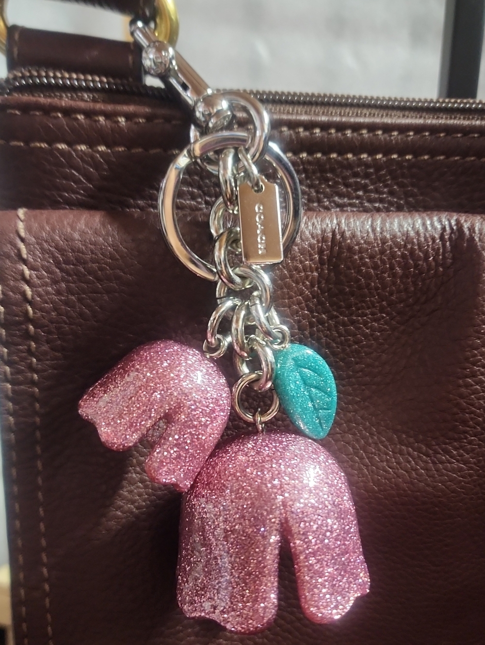 Coach Pink Glitter Floral Tes Cups Charm/ Keychain with Teal Leaf Accent Euc